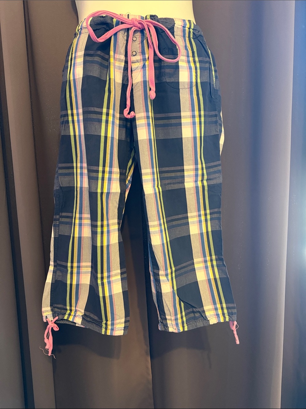 Victoria's Secret Navy Plaid Capri Pajama Pants with Pink Drawstring
